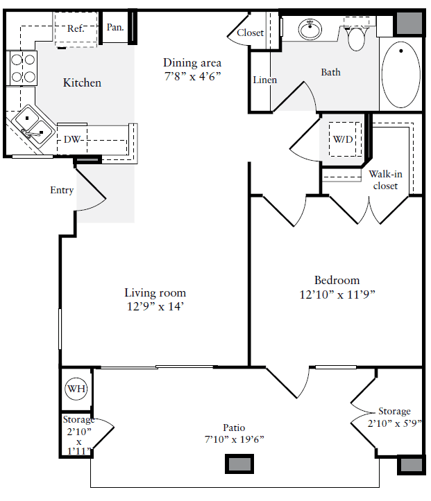 1 Bedroom 1 Bath Floorplan - 640 sqft
