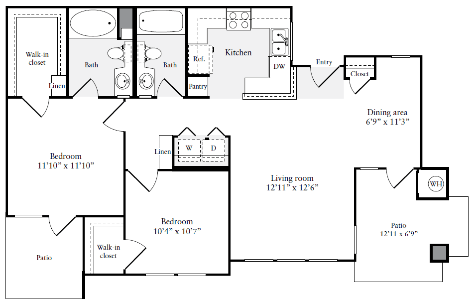 2 Bedroom 2 Bath Floorplan - 1020 sqft