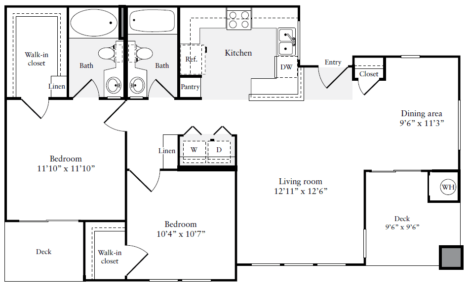 2 Bedroom 2 Bath Layout 2 Floorplan - 1042 sqft