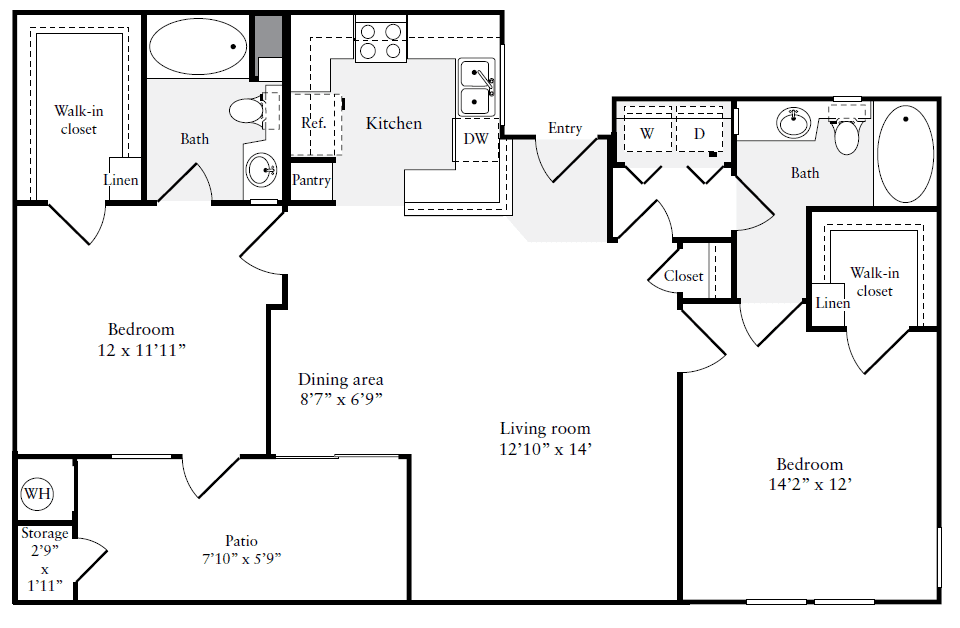 2 Bedroom 2 Bath Layout 3 Floorplan - 1090 sqft
