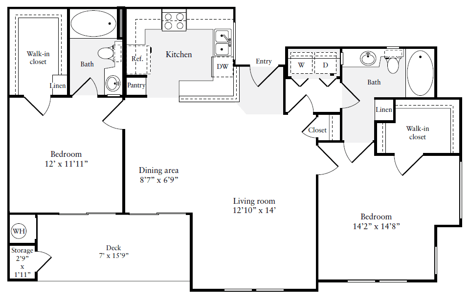 2 Bedroom 2 Bath Layout 4 Floorplan - 1160 sqft